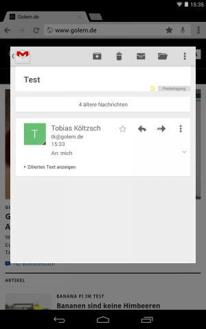 Befindet sich der Nutzer in einer App, &ouml;ffnet sich die zur Benachrichtigung geh&ouml;rende Anwendung als separates Fenster. (Screenshot: Golem.de)